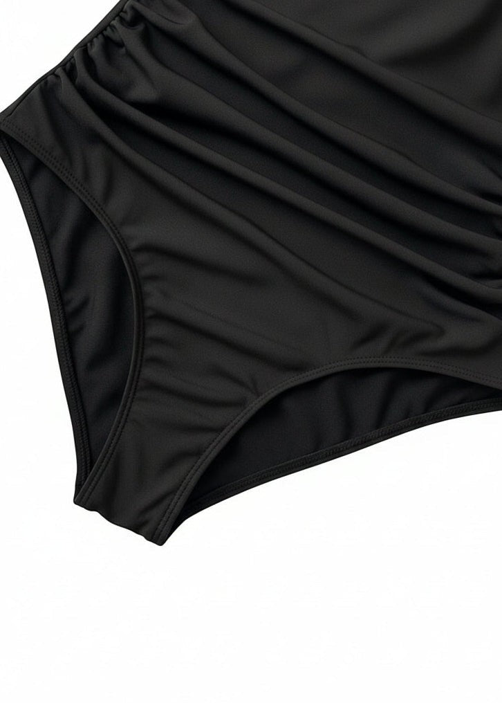 Twist Front Halter Ruched One Piece - Black-Cheekkah