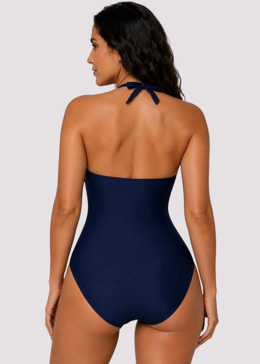 Twist Front Halter Ruched One Piece - Navy-Cheekkah