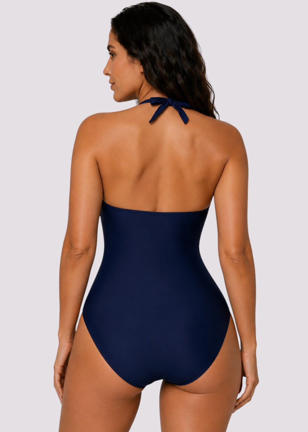 Twist Front Halter Ruched One Piece - Navy-Cheekkah