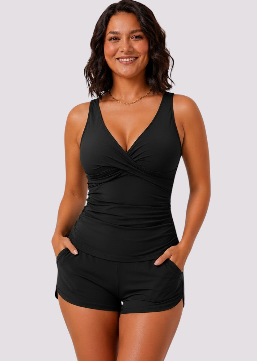 Twist Front Ruched Tankini Set with Shorts - Black-Cheekkah