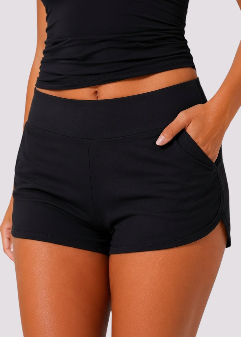 Pocket Swim Shorts with Built-In Briefs - Black-Cheekkah