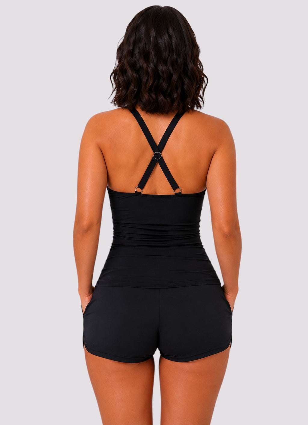 Twist Front Ruched Tankini Set with Shorts - Black-Cheekkah