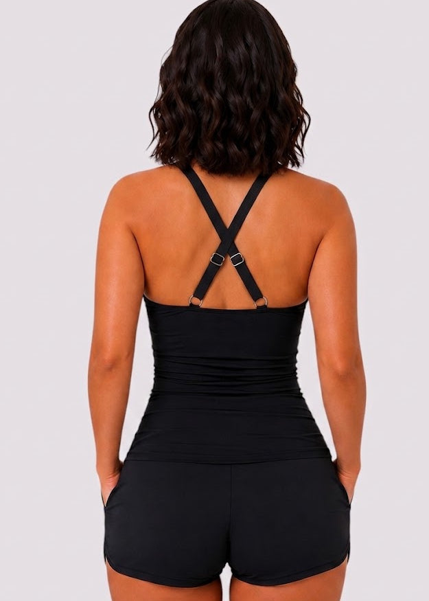 Twist Front Ruched Tankini Set with Shorts - Black-Cheekkah
