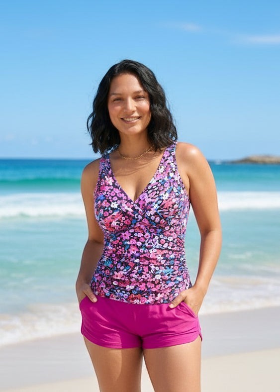 Twist Front Ruched Tankini Set with Shorts - Blossom Bay-Cheekkah