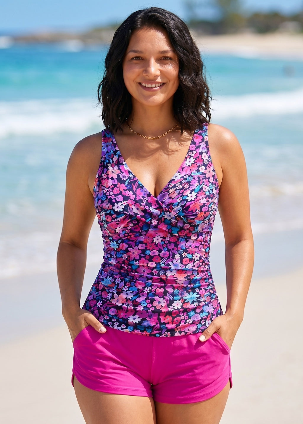 Twist Front Ruched Tankini Set with Shorts - Blossom Bay-Cheekkah