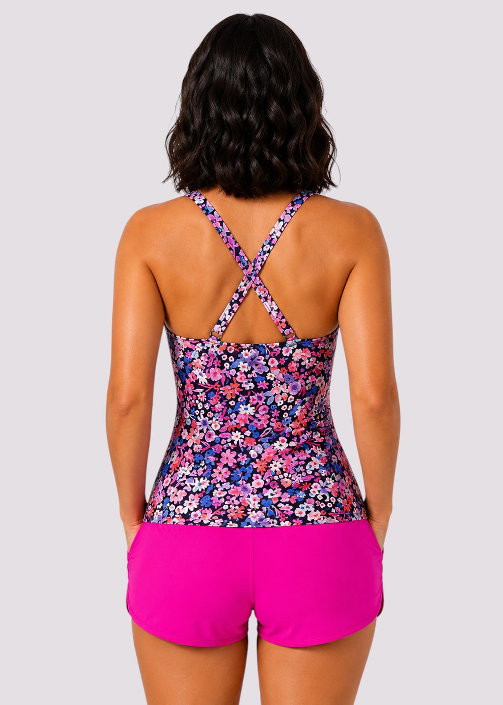 Twist Front Ruched Tankini Set with Shorts - Blossom Bay-Cheekkah