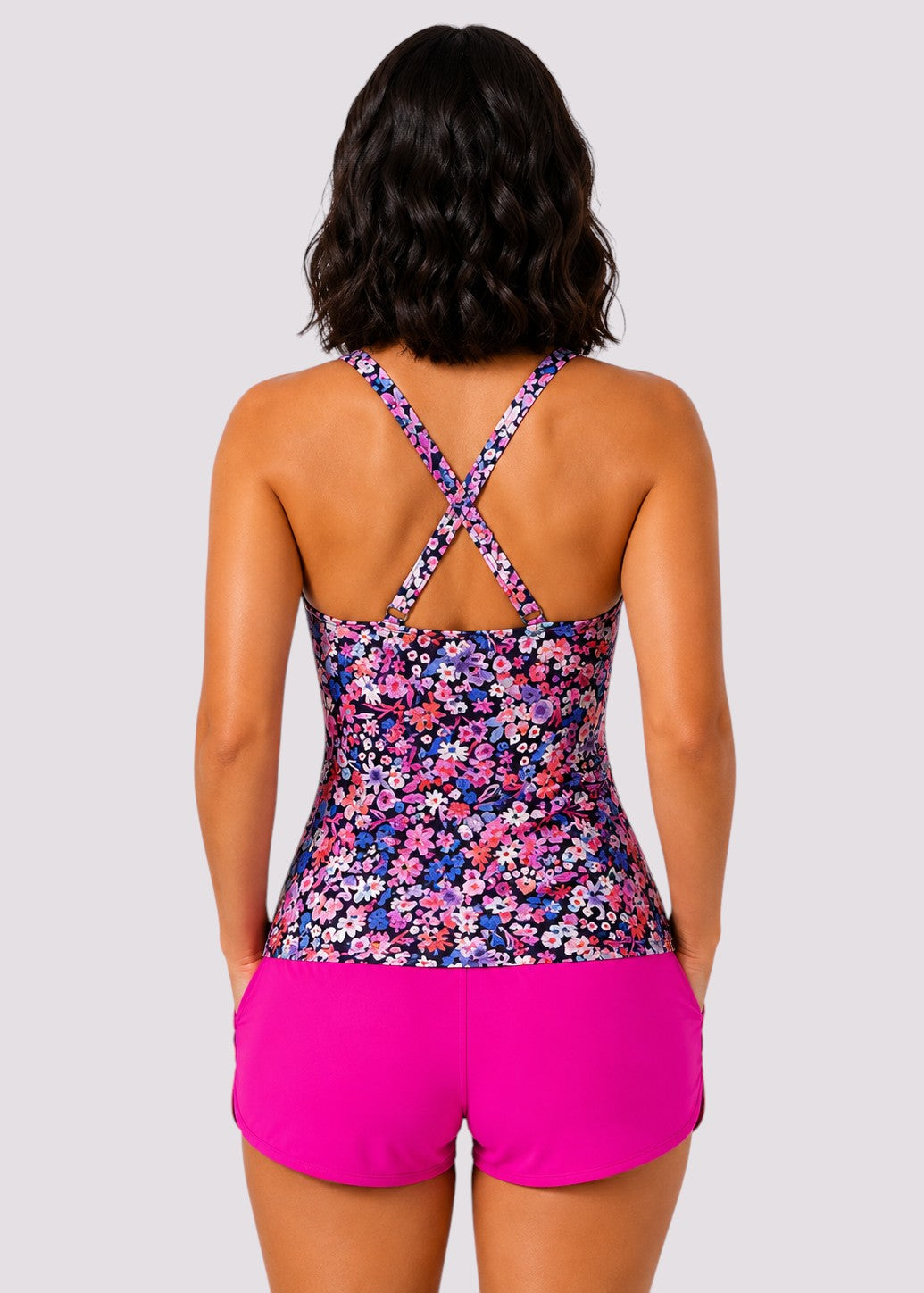 Twist Front Ruched Tankini Set with Shorts - Blossom Bay-Cheekkah