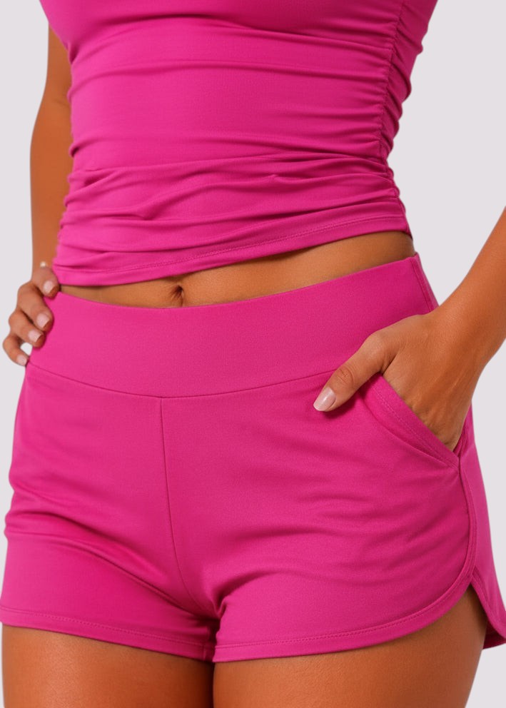 Twist Front Ruched Tankini Set with Shorts - Pink