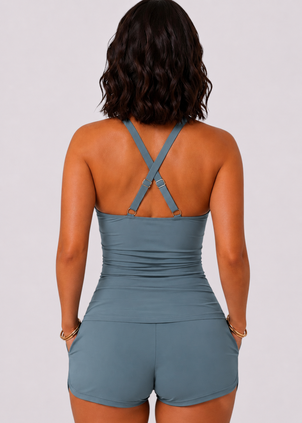 Twist Front Ruched Tankini Set with Shorts - Sage-Cheekkah