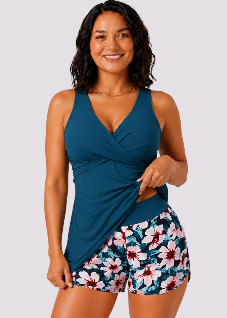 Twist Front Ruched Tankini Set with Shorts - Teal Tropic-Cheekkah