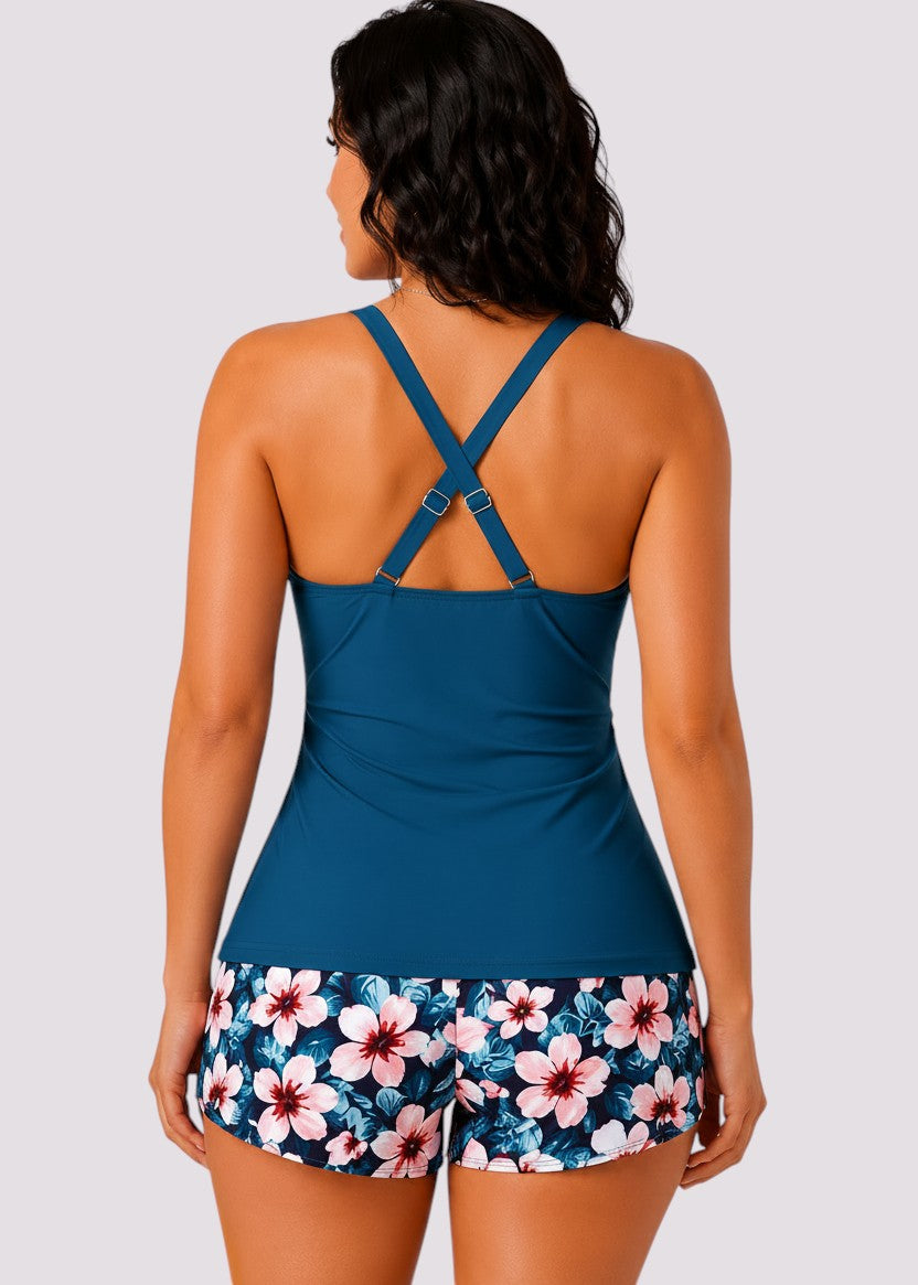 Twist Front Ruched Tankini Set with Shorts - Teal Tropic-Cheekkah