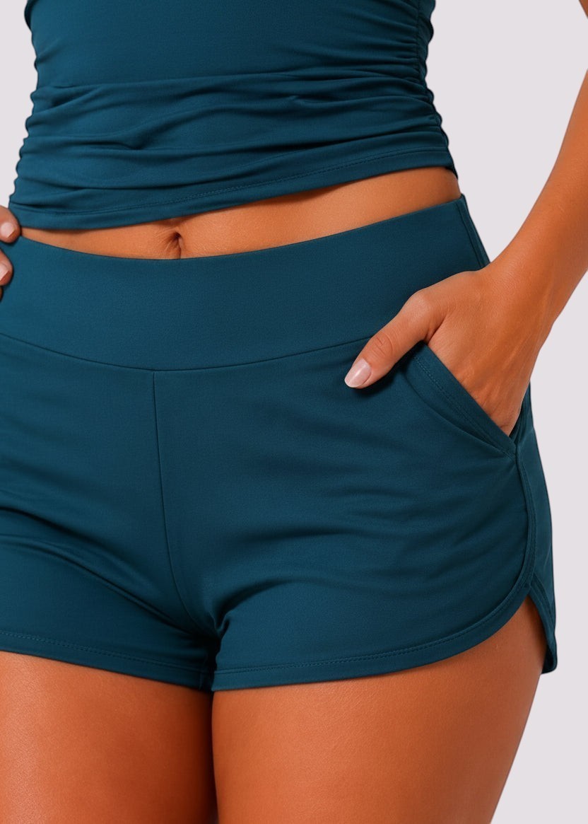 Twist Front Ruched Tankini Set with Shorts - Teal