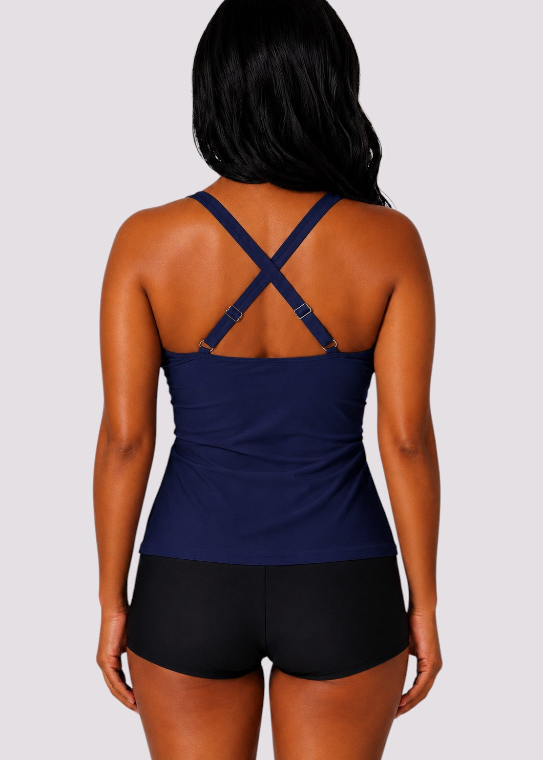 Twist Front Ruched Tankini Top with Adjustable Straps - Navy