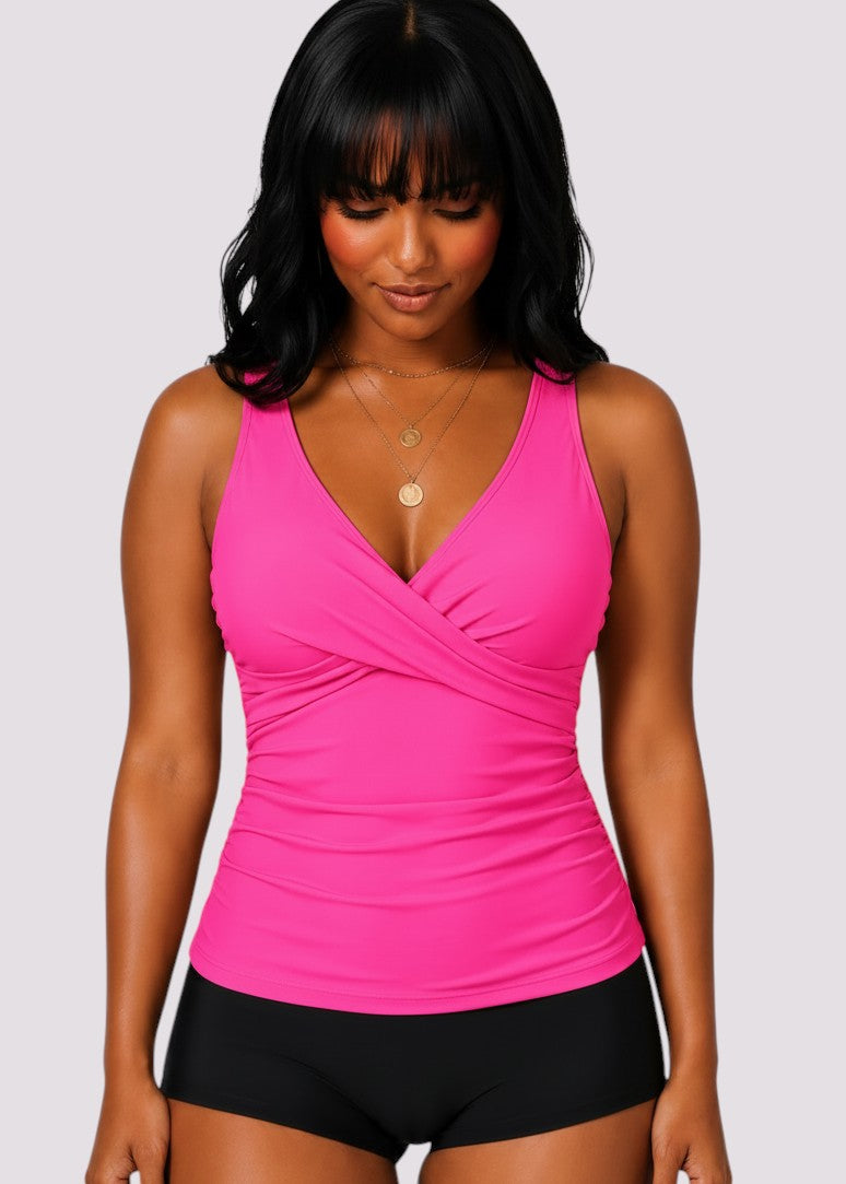 Twist Front Ruched Tankini Top with Adjustable Straps - Pink