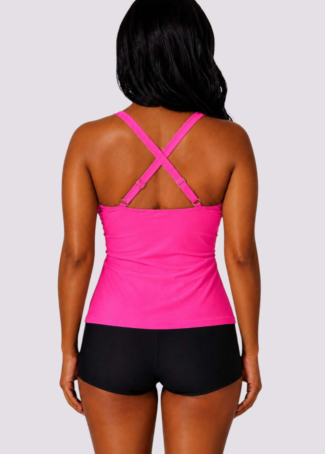 Twist Front Ruched Tankini Top with Adjustable Straps - Pink