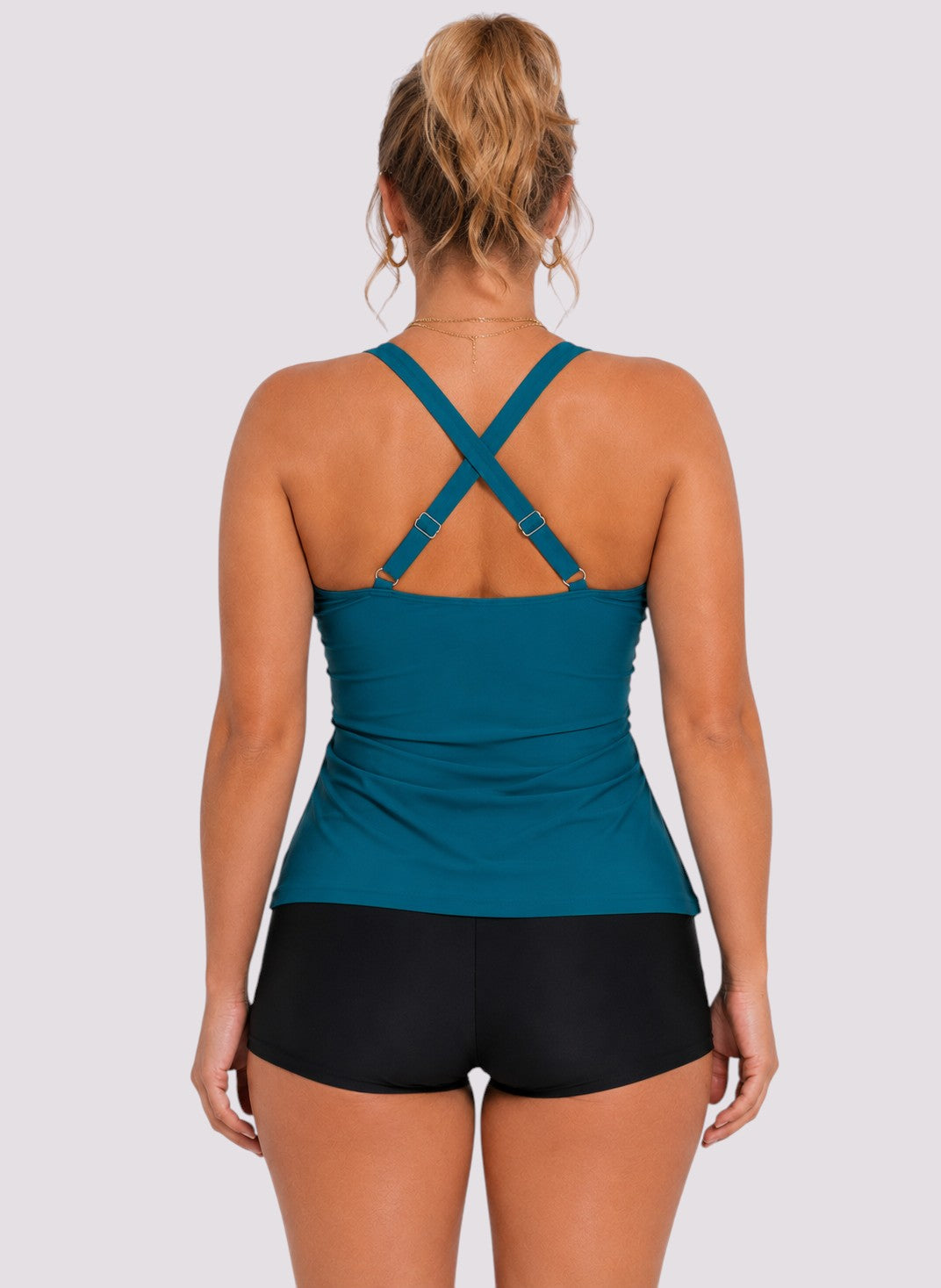 Twist Front Ruched Tankini Top with Adjustable Straps - Teal
