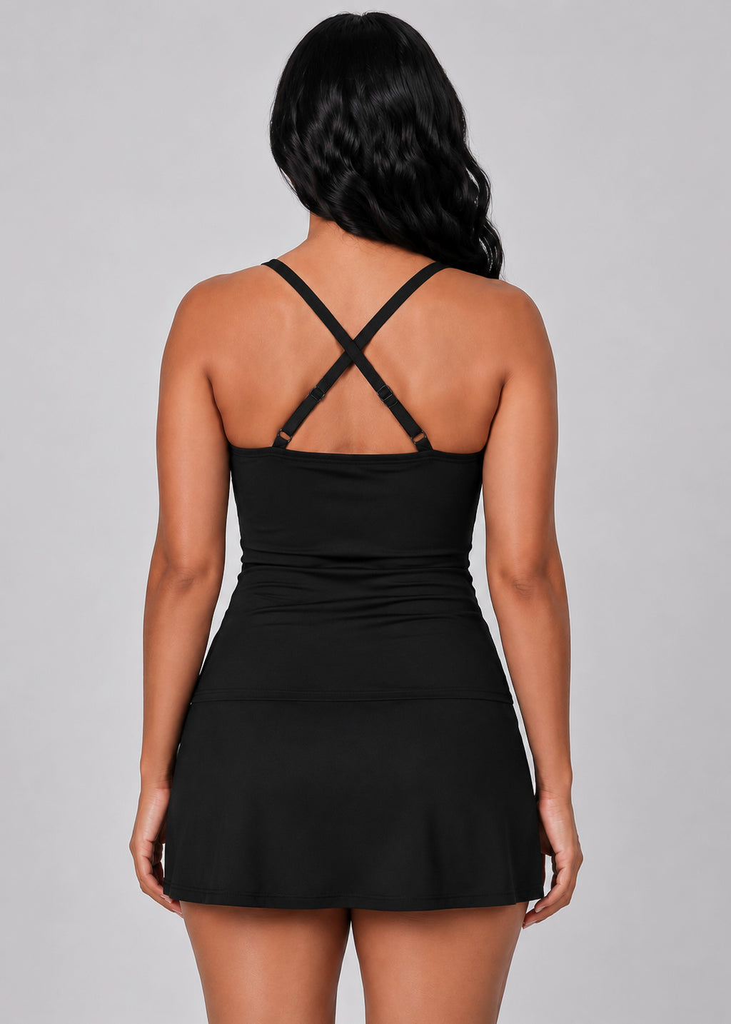 Twist Front Tankini Set with Skirt - Black-Cheekkah