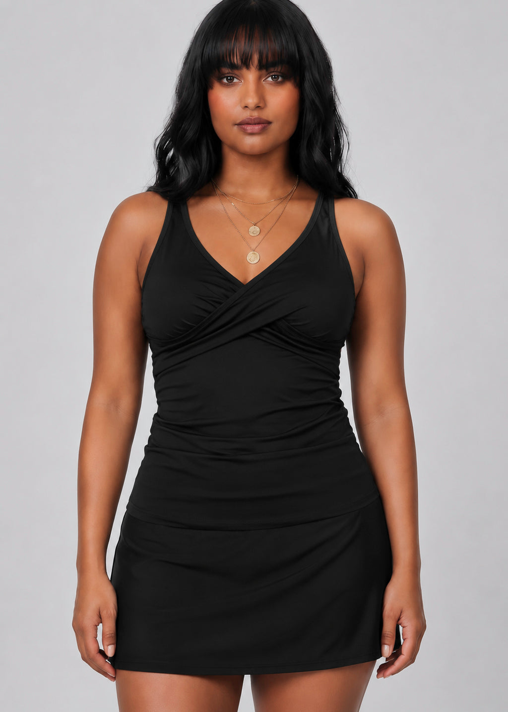 Twist Front Tankini Set with Skirt - Black-Cheekkah
