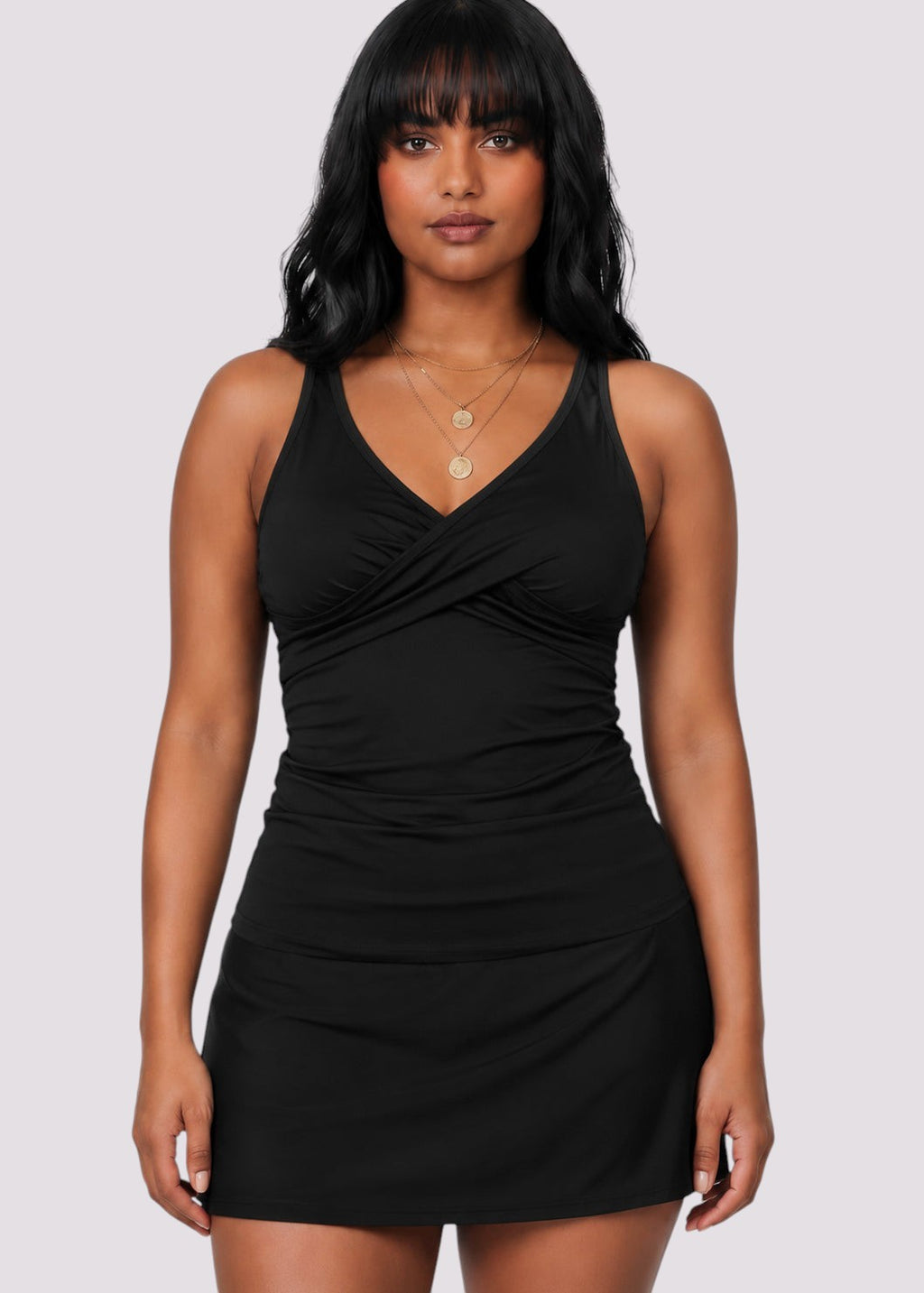 Twist Front Tankini Set with Skirt - Black-Cheekkah