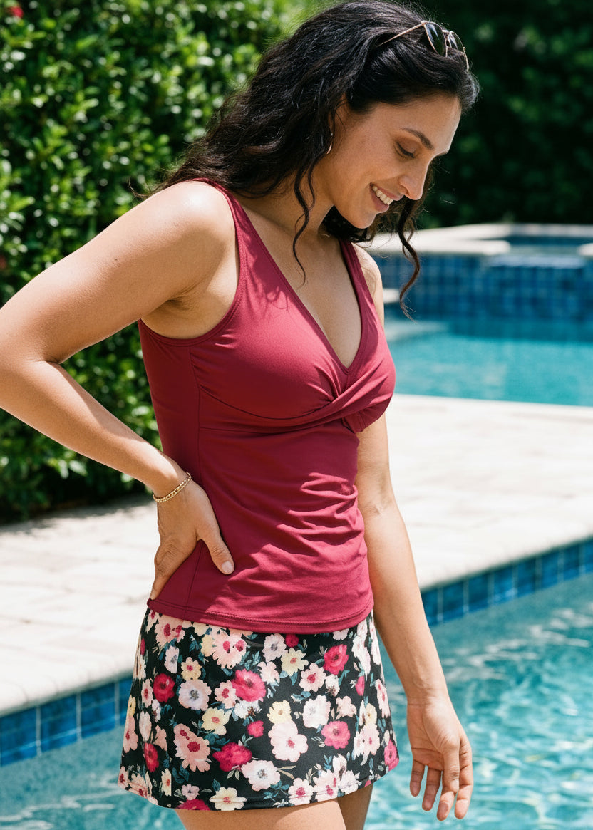 Twist Front Tankini Set with Skirt - Blushing Blooms