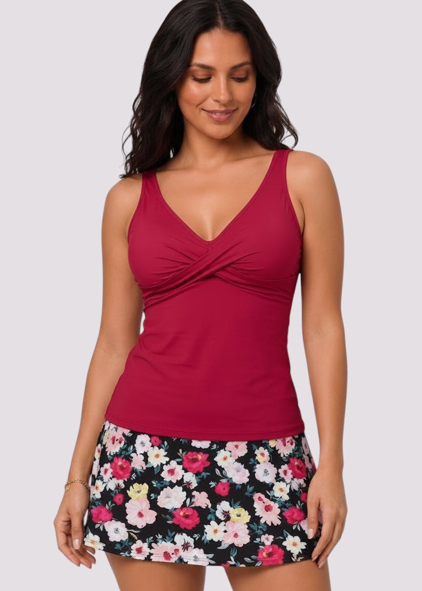 Twist Front Tankini Set with Skirt - Blushing Blooms