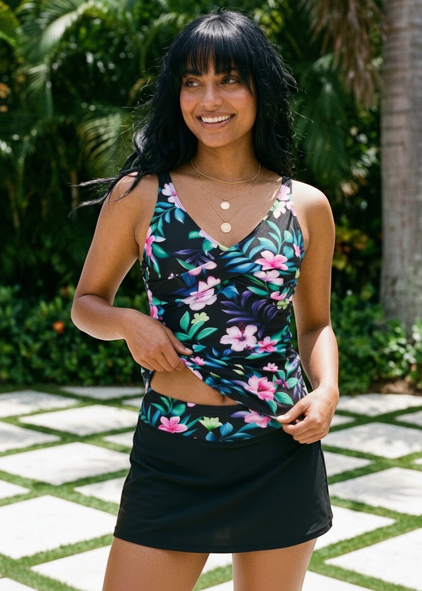 Twist Front Tankini Set with Skirt - Island Nights