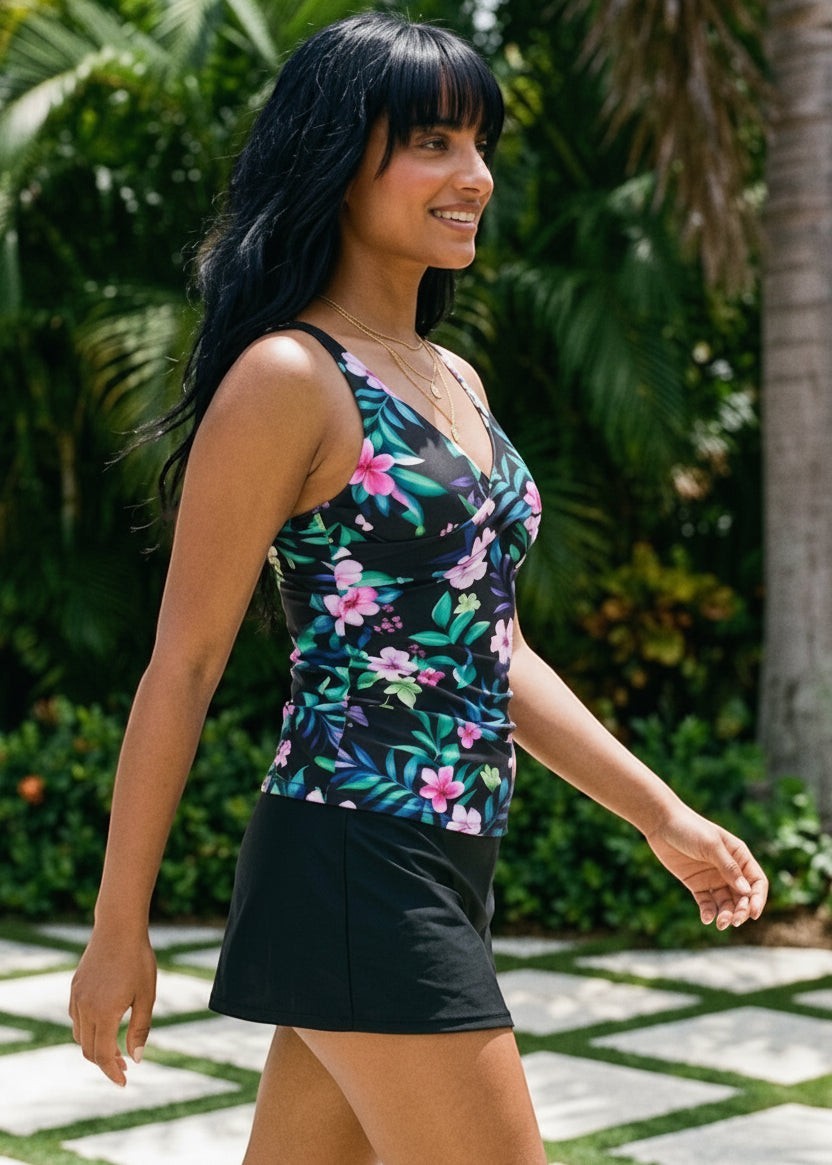 Twist Front Tankini Set with Skirt - Island Nights