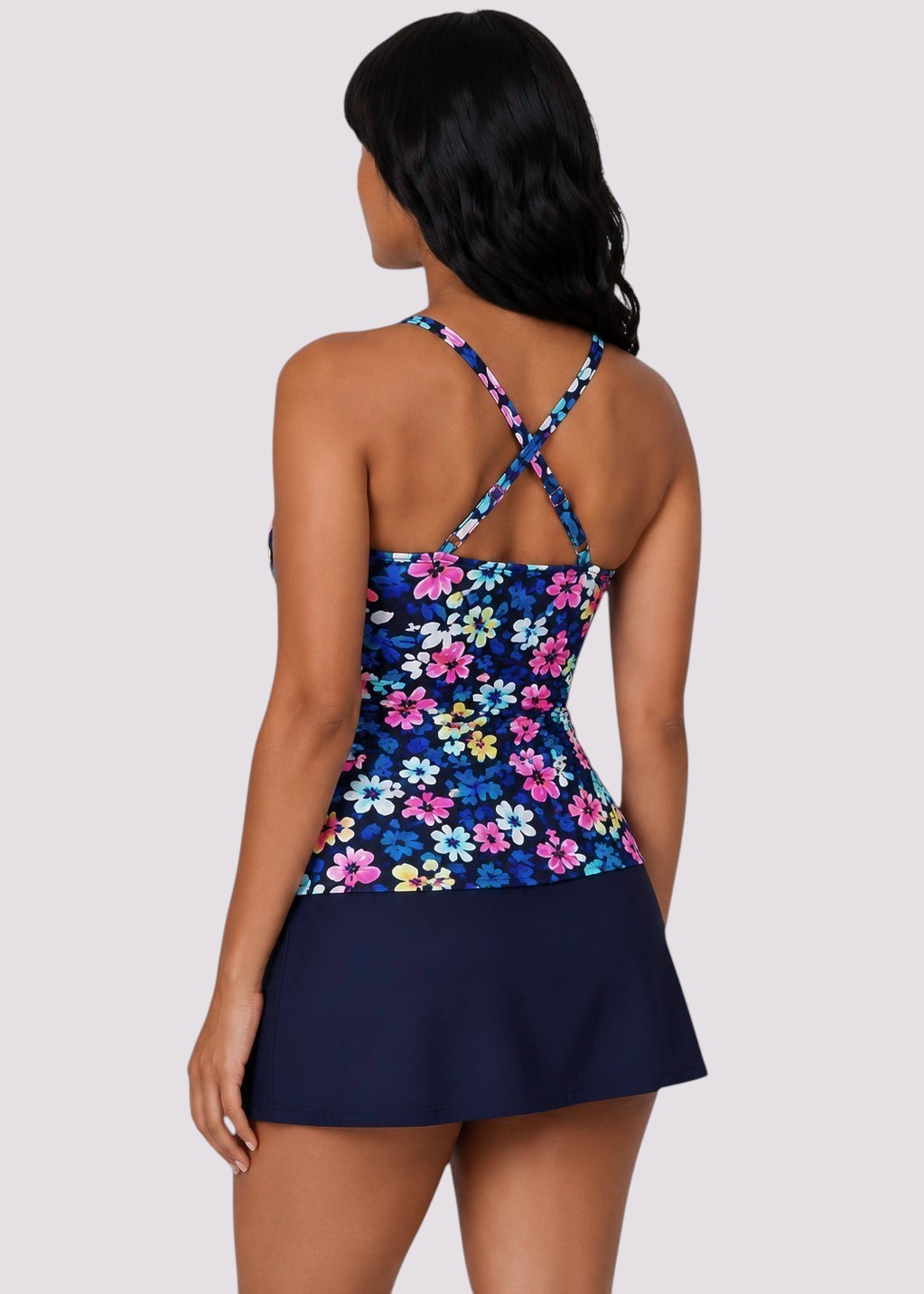 Twist Front Tankini Set with Skirt - Navy Blossom-Cheekkah