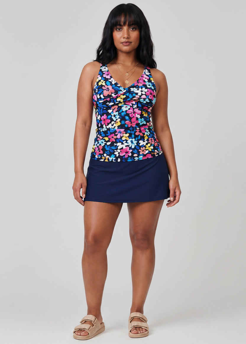 Twist Front Tankini Set with Skirt - Navy Blossom-Cheekkah