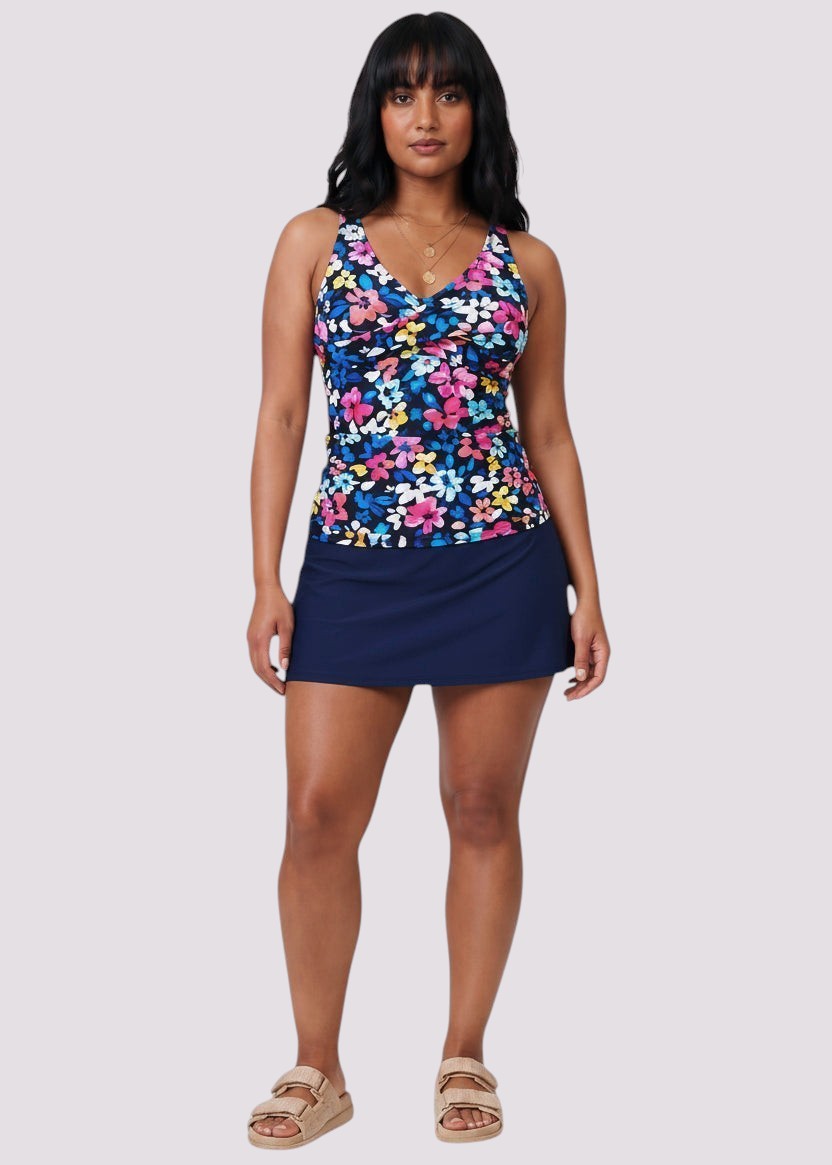 Twist Front Tankini Set with Skirt - Navy Blossom-Cheekkah
