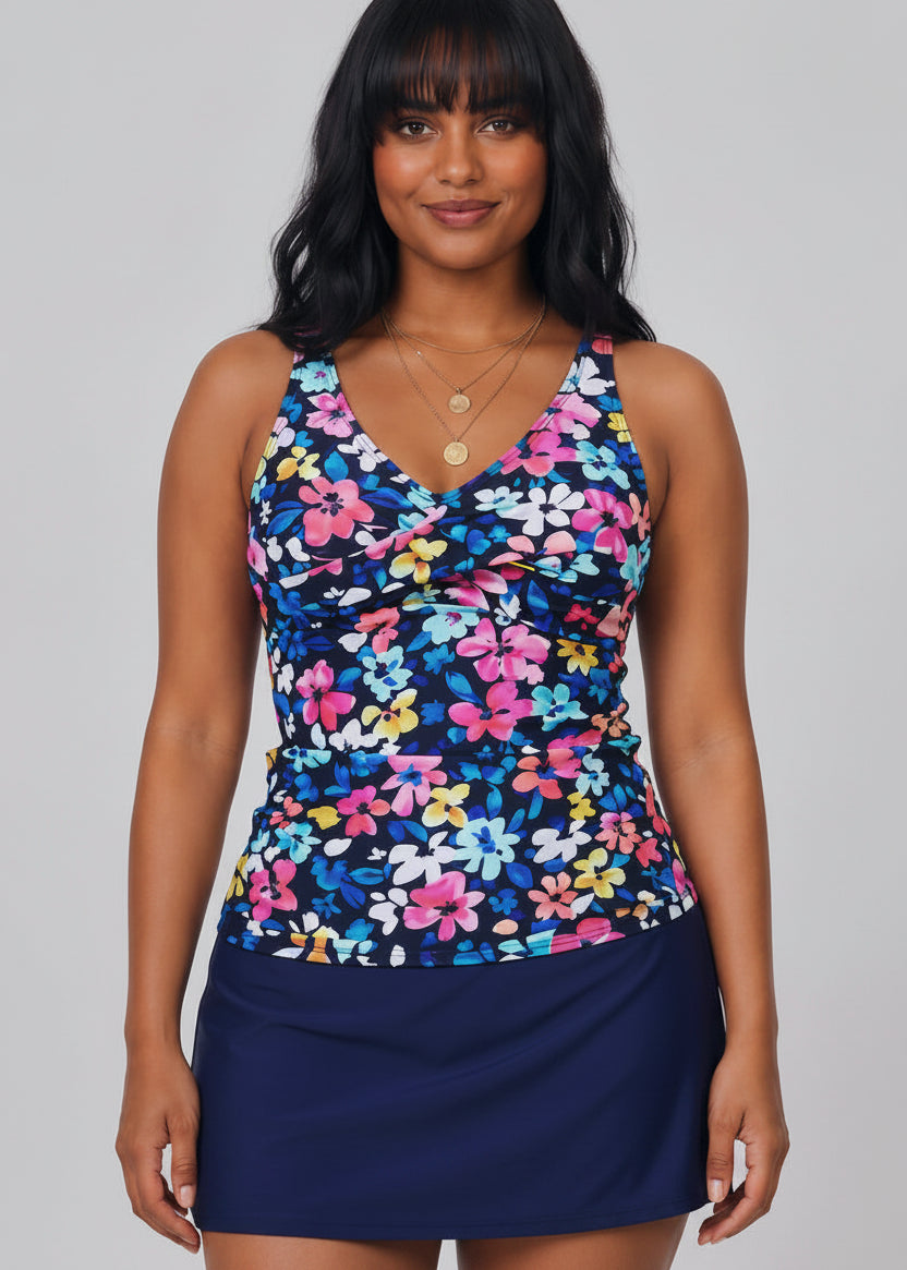 Twist Front Tankini Set with Skirt - Navy Blossom-Cheekkah