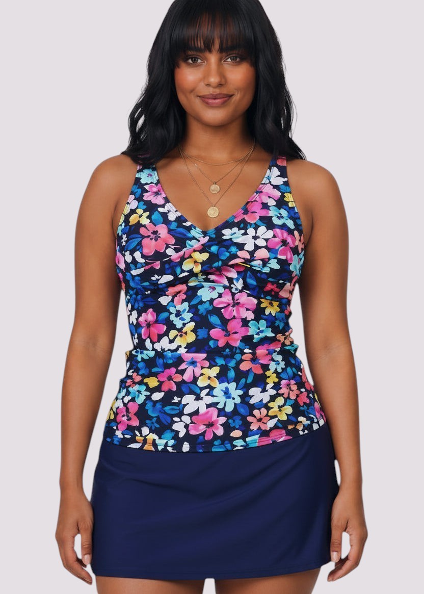 Twist Front Tankini Set with Skirt - Navy Blossom-Cheekkah