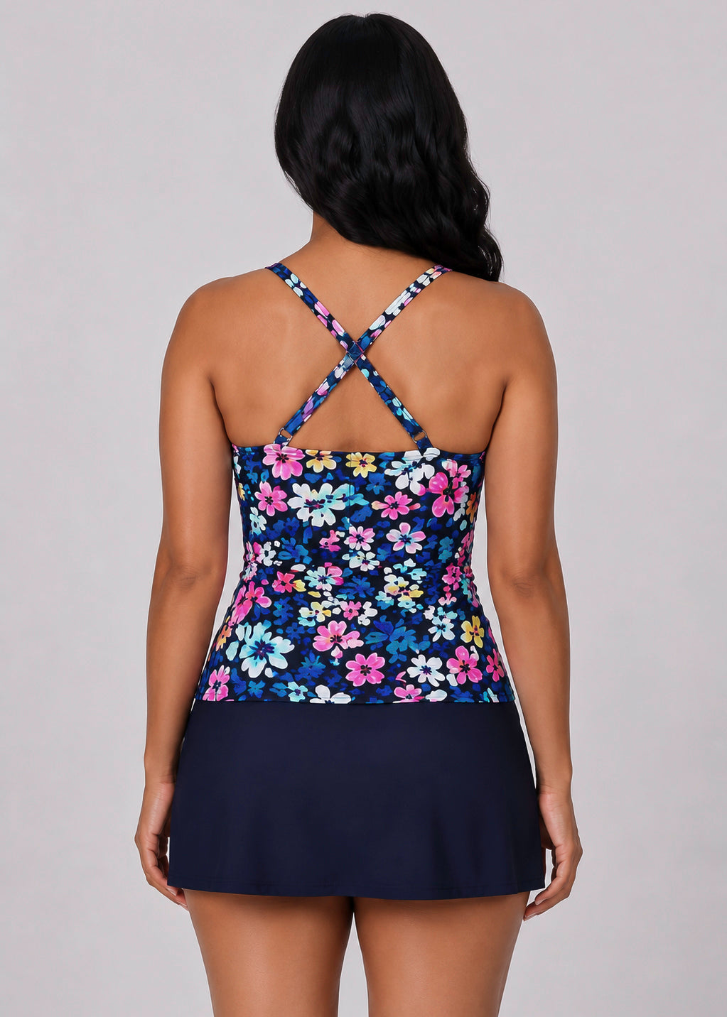Twist Front Tankini Set with Skirt - Navy Blossom-Cheekkah