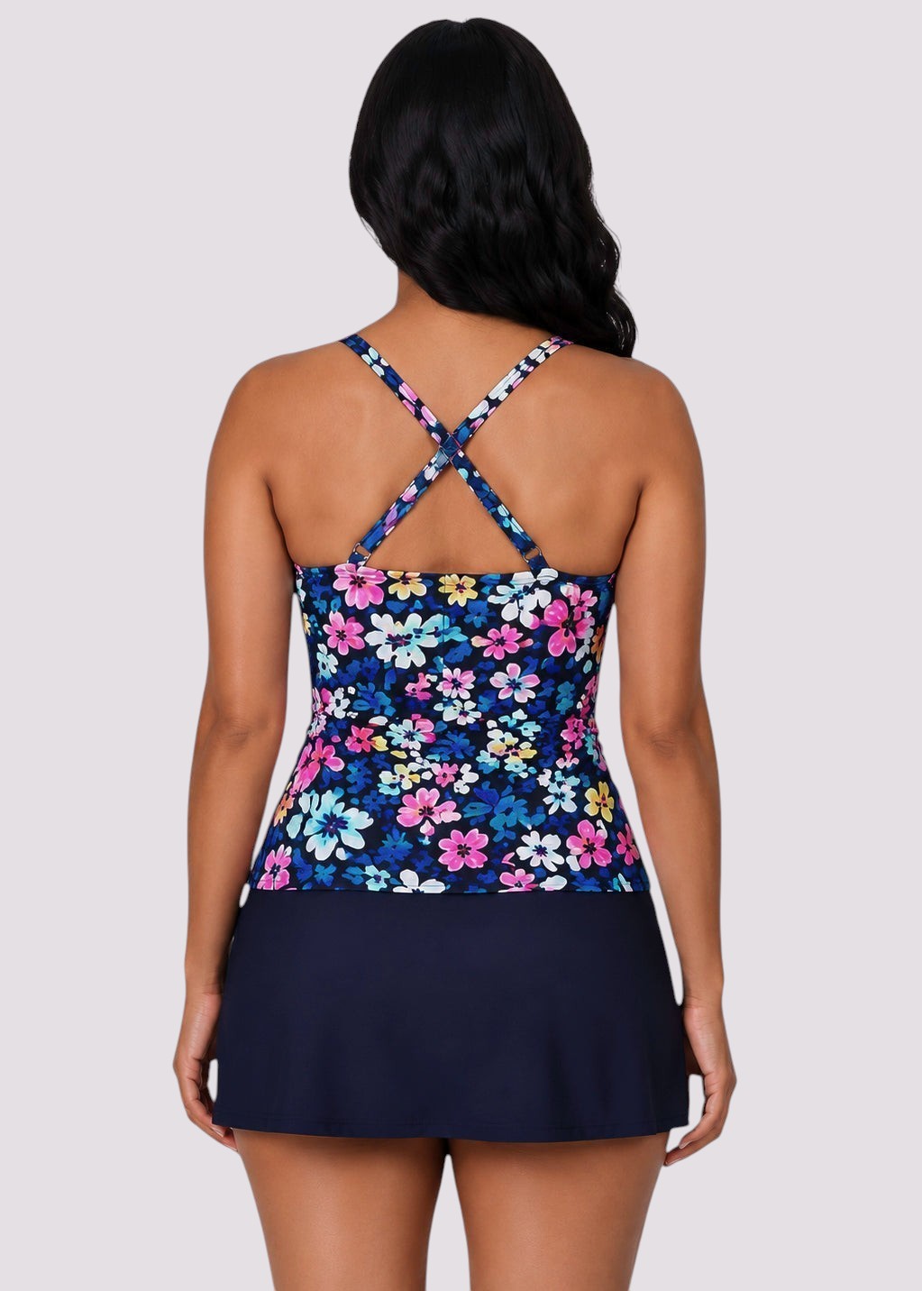 Twist Front Tankini Set with Skirt - Navy Blossom-Cheekkah