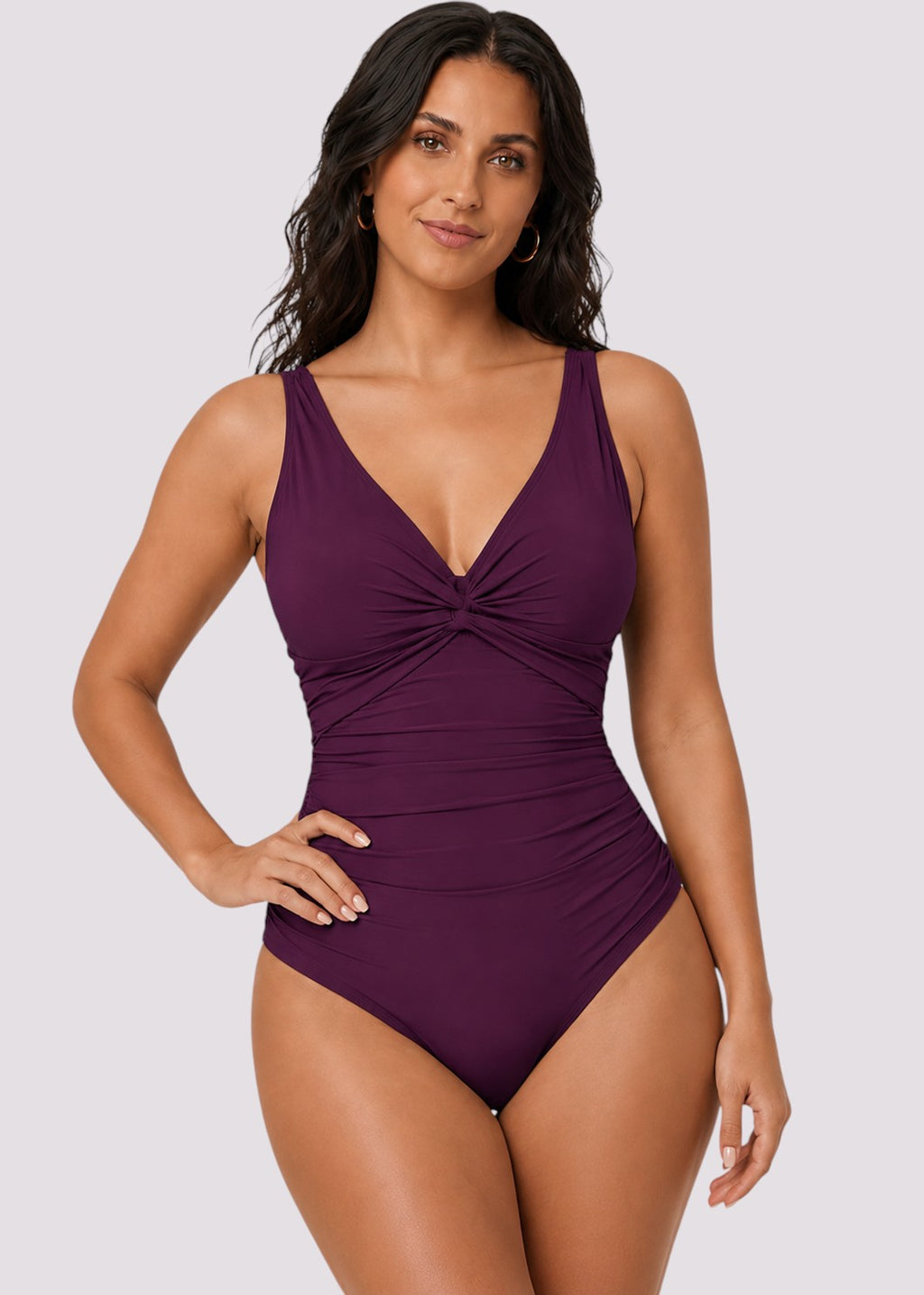 Twist Front Tummy Control One Piece - Wine Red-Cheekkah