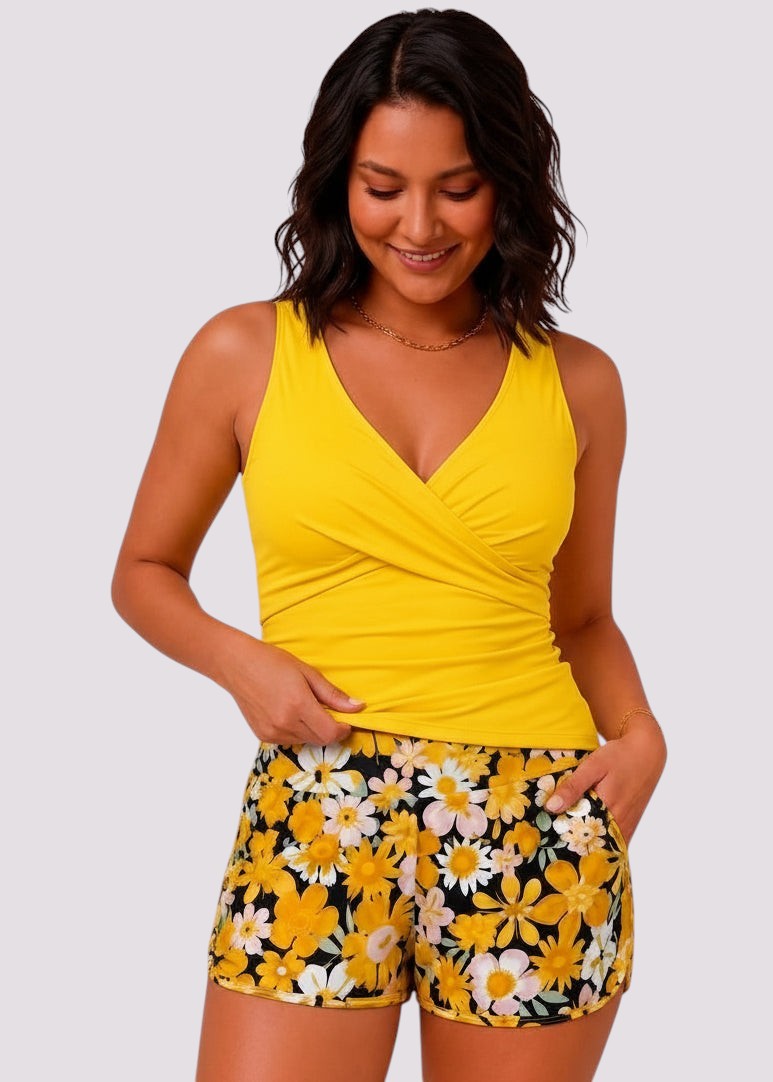 Twist Front Ruched Tankini Set with Shorts - Buttercup Bloom-Cheekkah