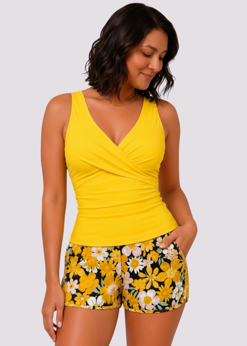 Twist Front Ruched Tankini Set with Shorts - Buttercup Bloom-Cheekkah