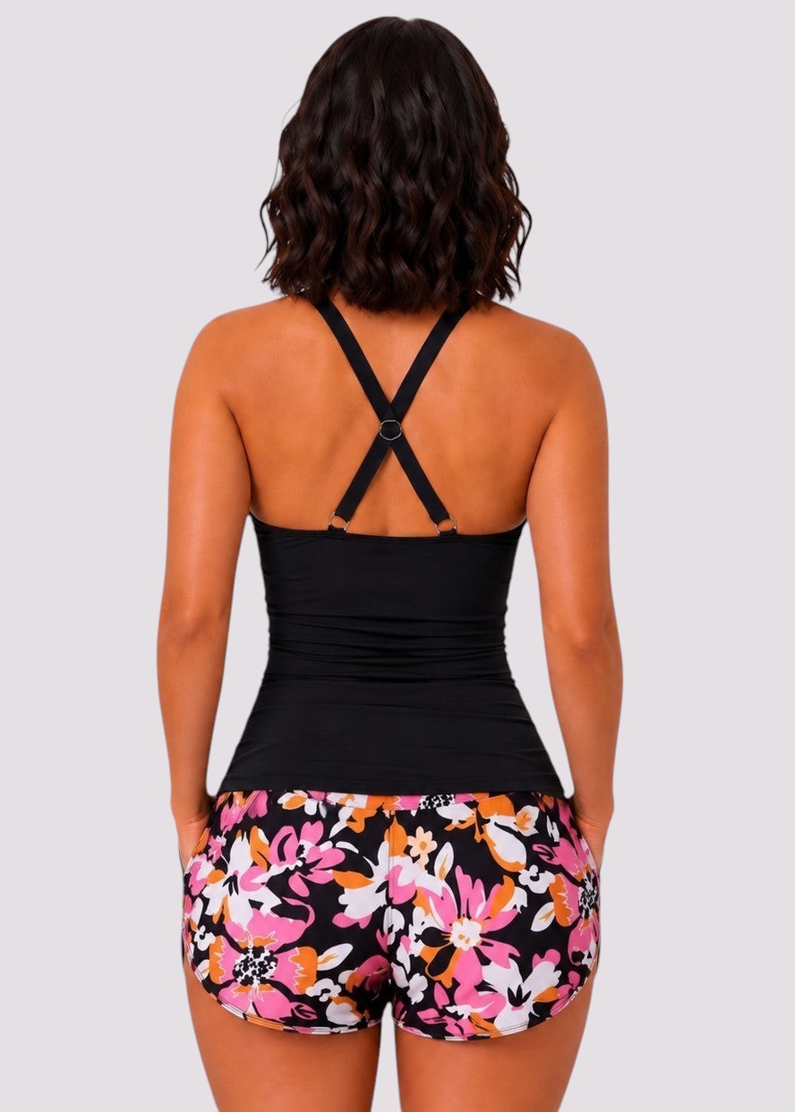 Twist Front Ruched Tankini Set with Shorts - Guava Glow-Cheekkah