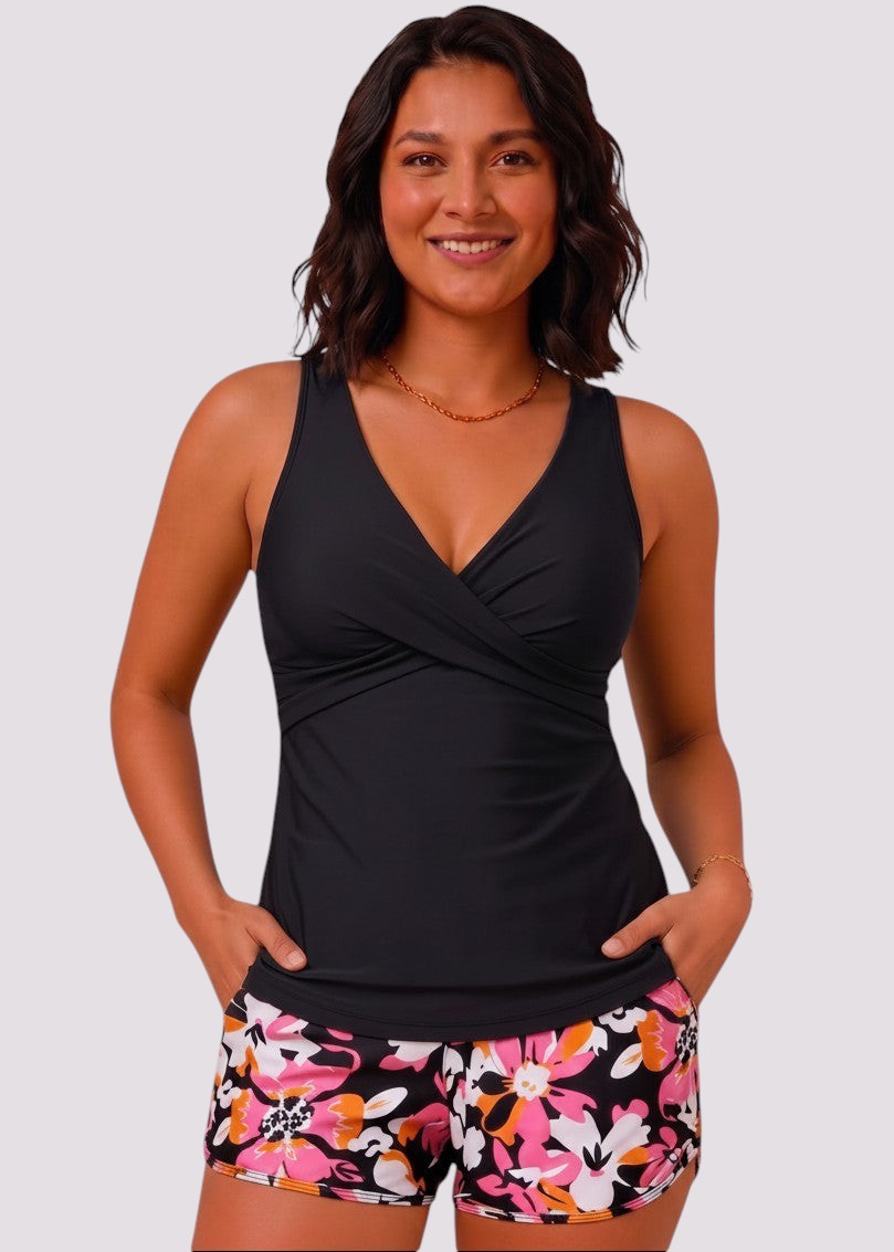 Twist Front Ruched Tankini Set with Shorts - Guava Glow-Cheekkah