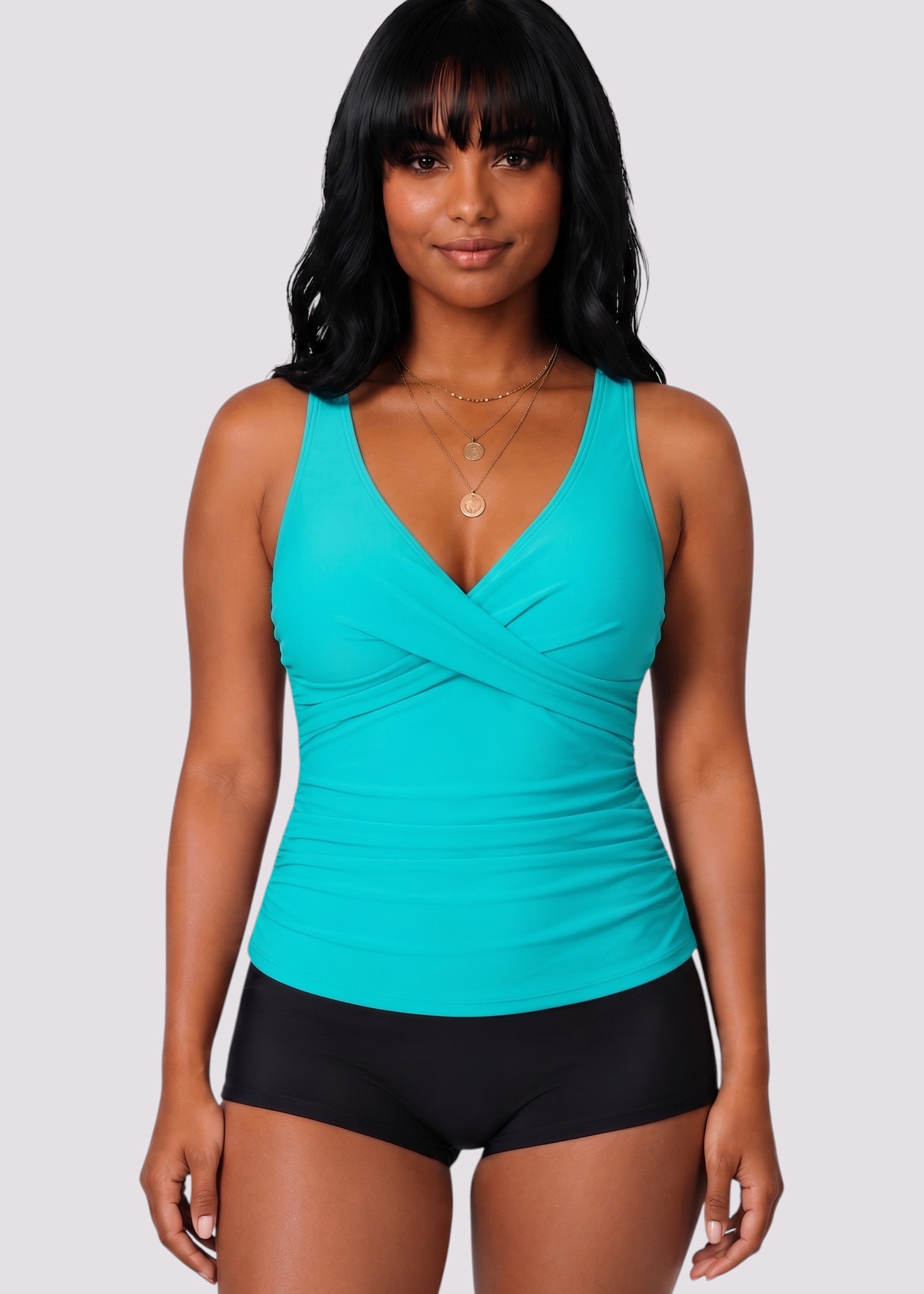 Twist Front Ruched Tankini Top with Adjustable Straps - Aqua-Cheekkah