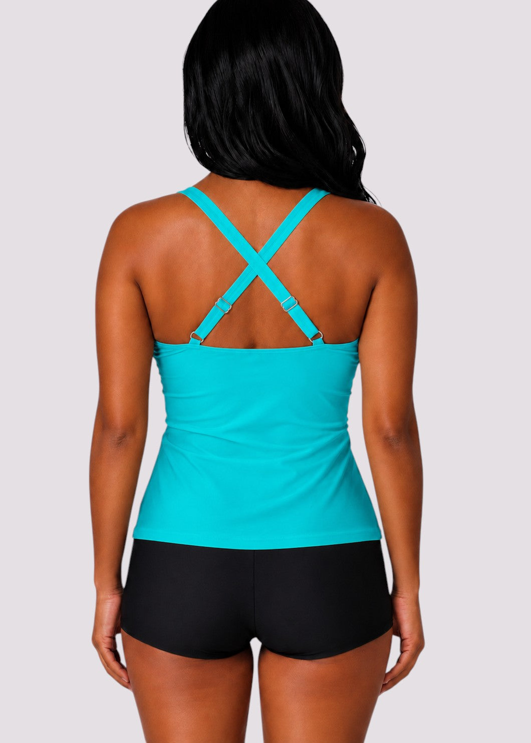Twist Front Ruched Tankini Top with Adjustable Straps - Aqua-Cheekkah