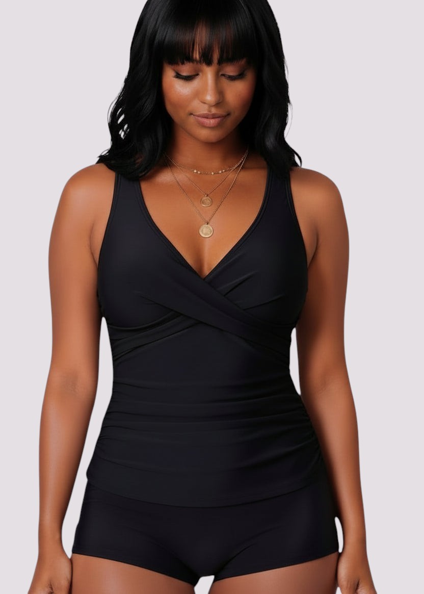 Twist Front Ruched Tankini Top with Adjustable Straps - Black-Cheekkah