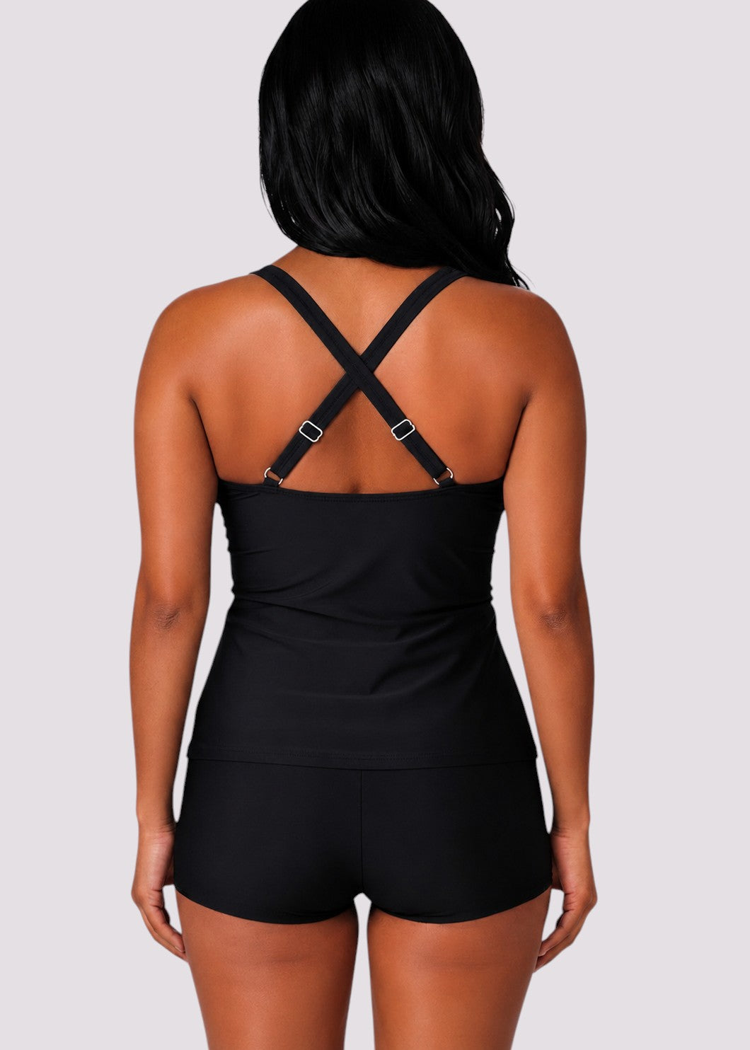 Twist Front Ruched Tankini Top with Adjustable Straps - Black-Cheekkah