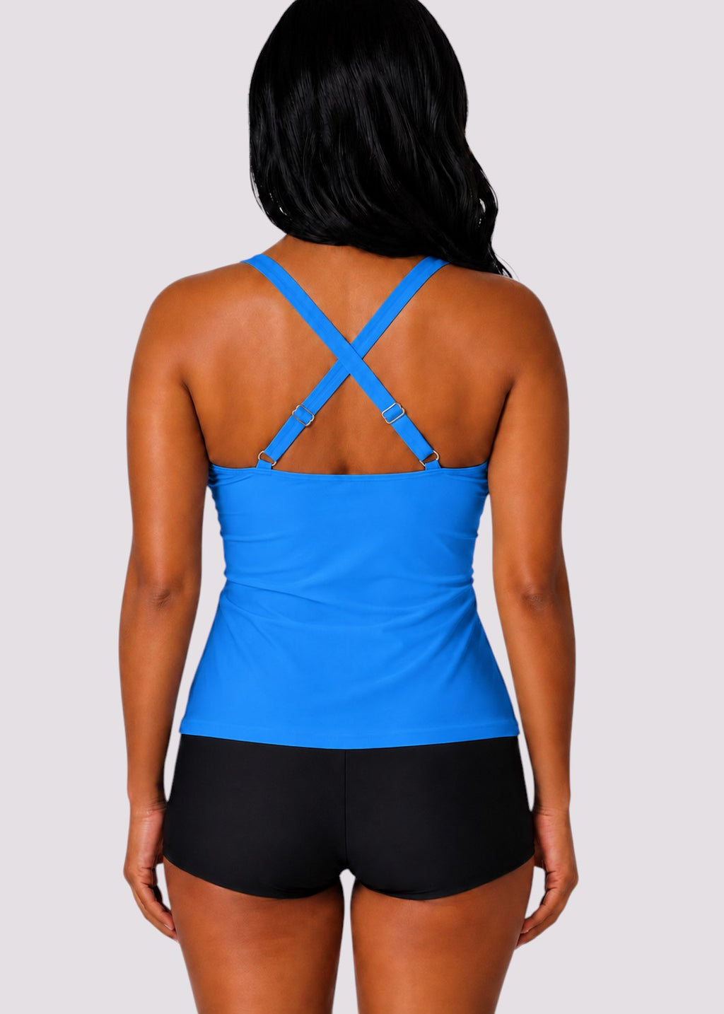 Twist Front Ruched Tankini Top with Adjustable Straps - Blue-Cheekkah