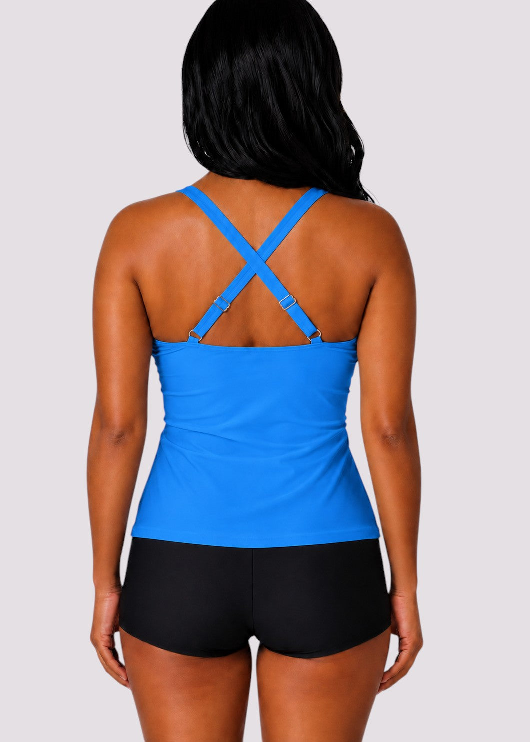 Twist Front Ruched Tankini Top with Adjustable Straps - Blue-Cheekkah