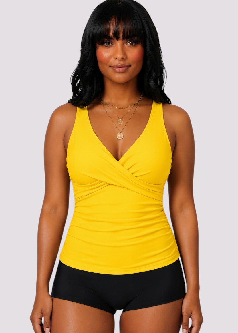 Twist Front Ruched Tankini Top with Adjustable Straps - Yellow-Cheekkah