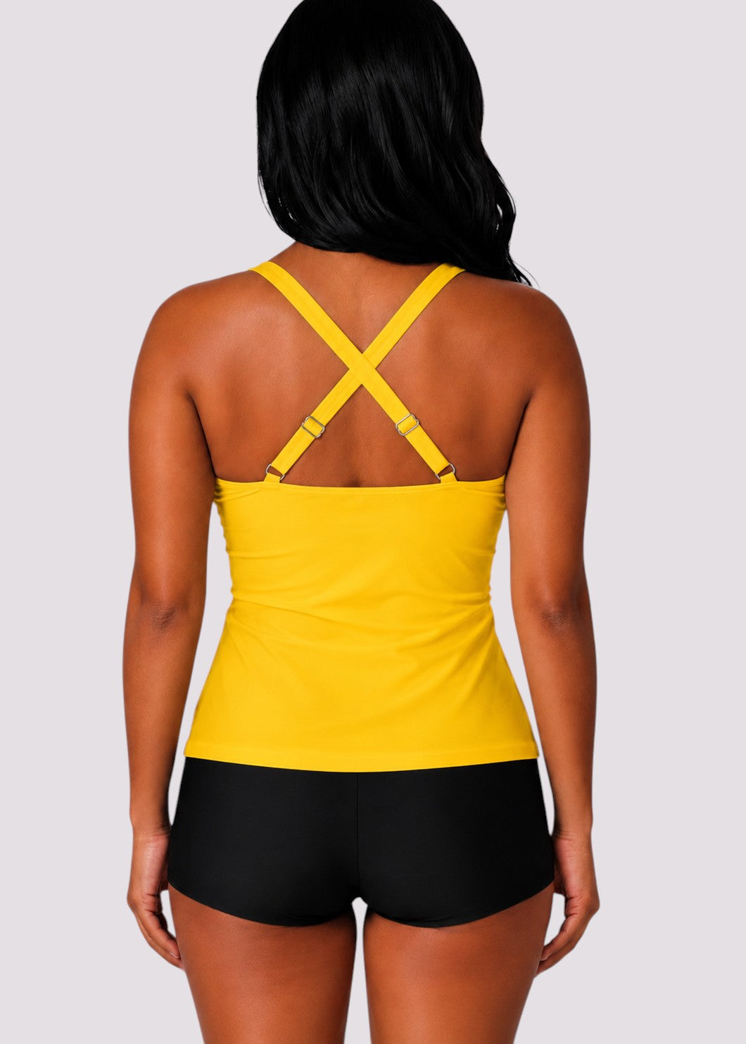 Twist Front Ruched Tankini Top with Adjustable Straps - Yellow-Cheekkah