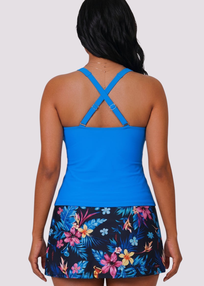 Twist Front Tankini Set with Skirt - Blue Lagoon Bloom