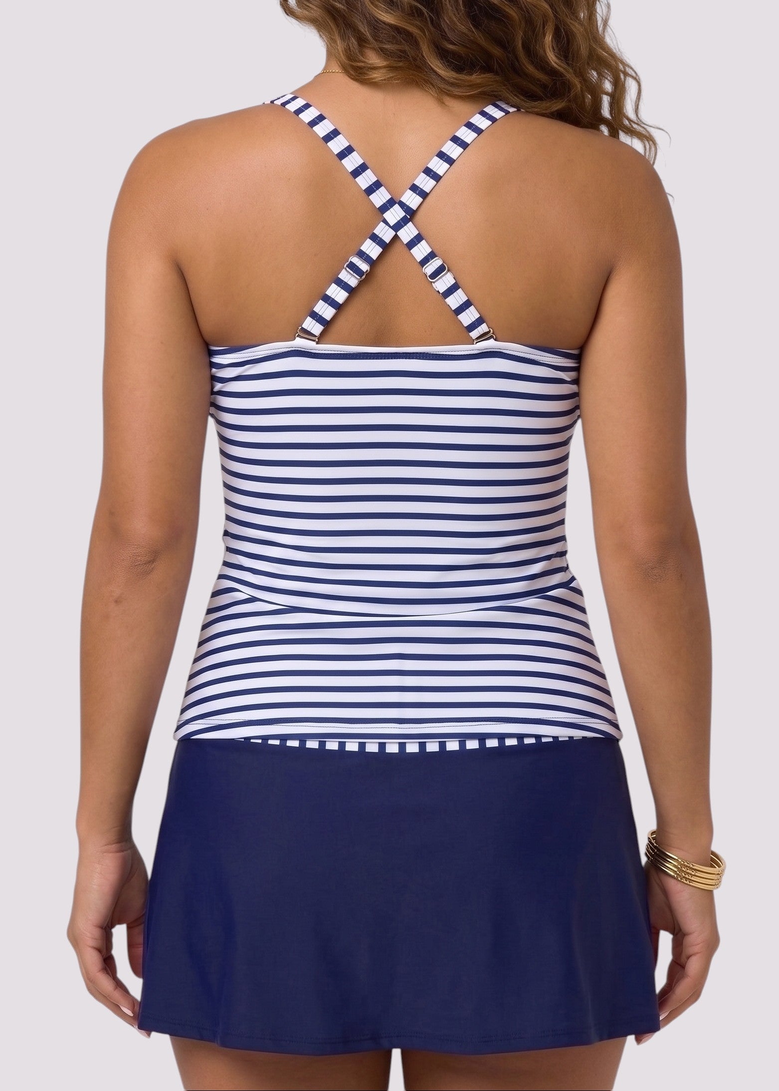 Twist Front Tankini Set with Skirt - Blue & White Stripe-Cheekkah