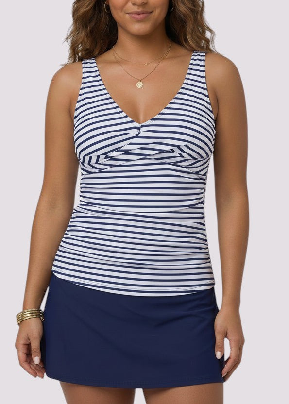 Twist Front Tankini Set with Skirt - Blue & White Stripe-Cheekkah